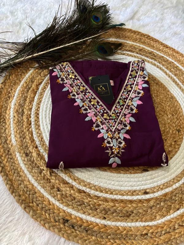 Purple Modal Silk Kurta Set with Handwork V Neck and  Chinnon Dupatta - Image 2
