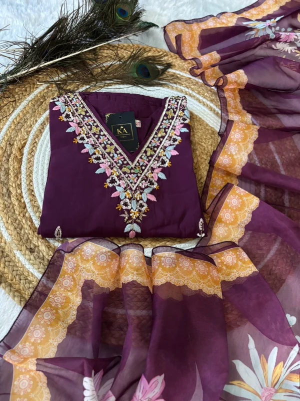 Purple Modal Silk Kurta Set with Handwork V Neck and  Chinnon Dupatta