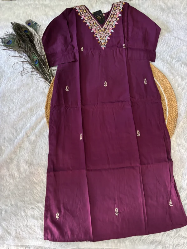 Purple Modal Silk Kurta Set with Handwork V Neck and  Chinnon Dupatta - Image 3