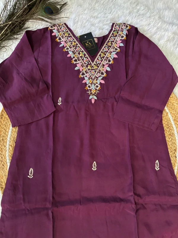 Purple Modal Silk Kurta Set with Handwork V Neck and  Chinnon Dupatta - Image 5