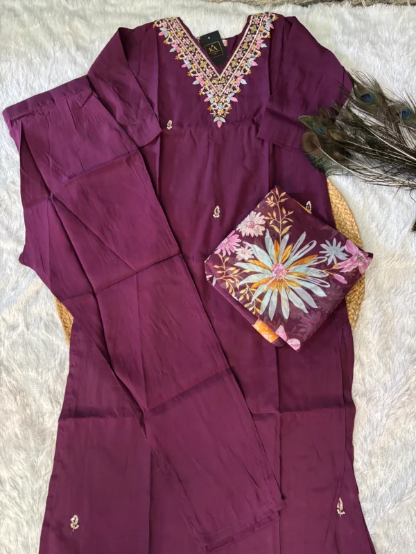 Purple Modal Silk Kurta Set with Handwork V Neck and  Chinnon Dupatta - Image 4