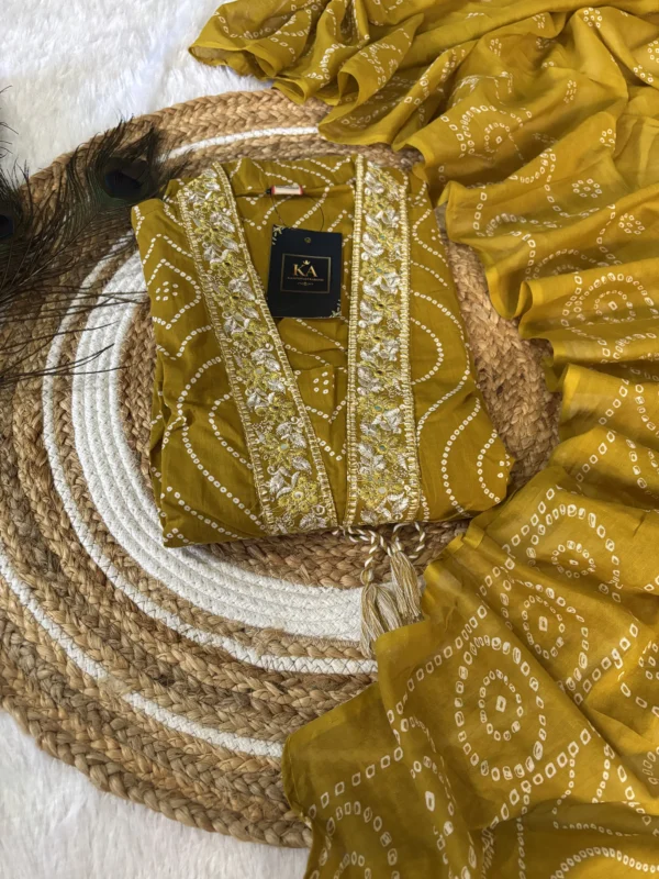 Mustard yellow Pure Cotton Set with High V-Neck Thread Work
