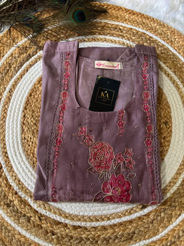 Light Lavender Solid Silk Kurta Set with Hand & Lace Neck Work - Image 2