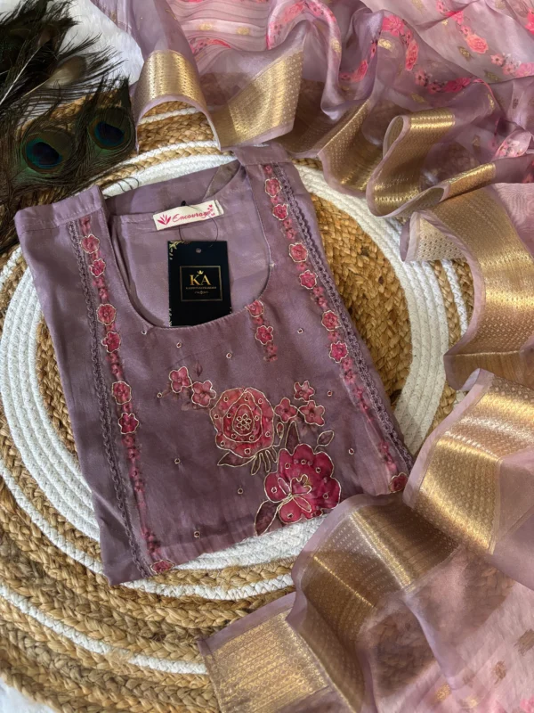 Light Lavender Solid Silk Kurta Set with Hand & Lace Neck Work
