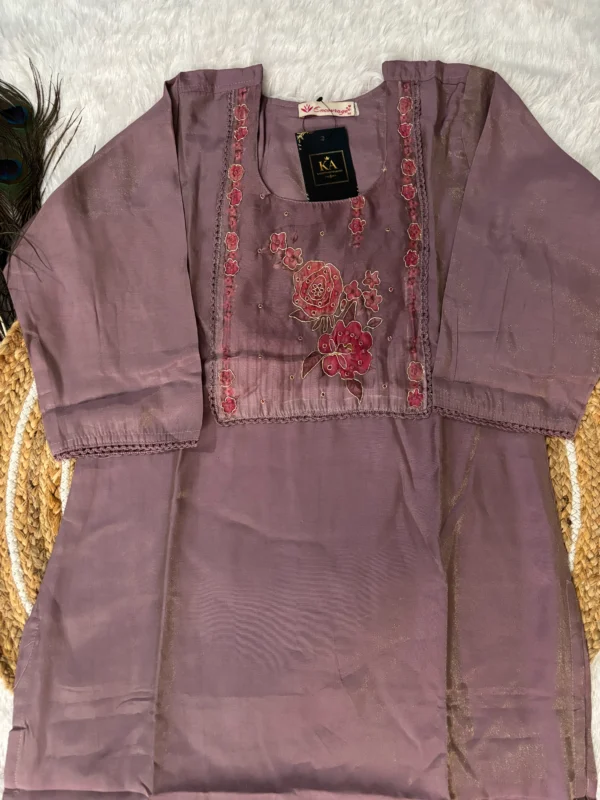 Light Lavender Solid Silk Kurta Set with Hand & Lace Neck Work - Image 3