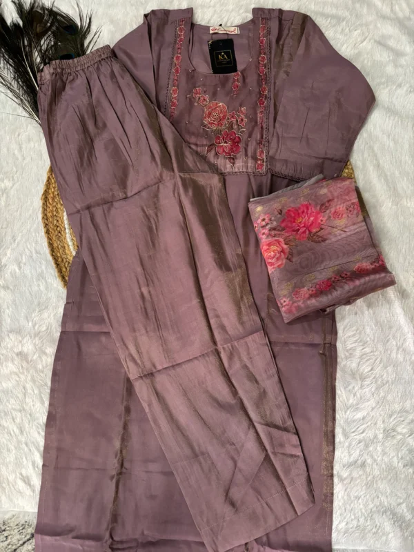 Light Lavender Solid Silk Kurta Set with Hand & Lace Neck Work - Image 5