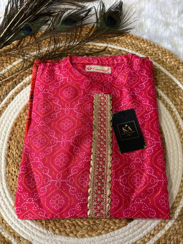Pink & Orange Chinnon Kurta Set with Bandhani Design and Half-Collar Neck - Image 2