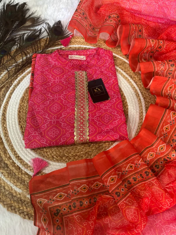 Pink & Orange Chinnon Kurta Set with Bandhani Design and Half-Collar Neck