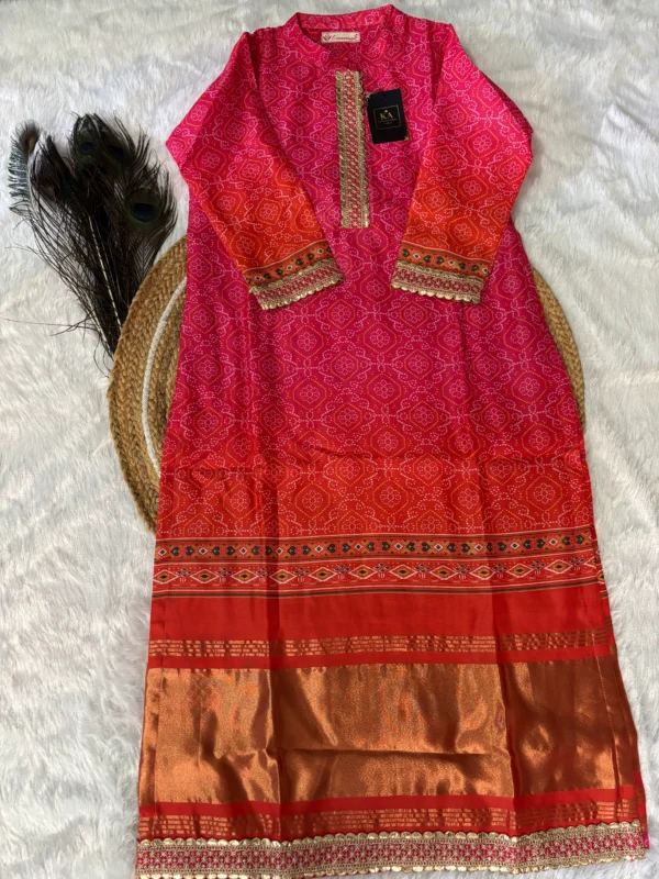 Pink & Orange Chinnon Kurta Set with Bandhani Design and Half-Collar Neck - Image 3