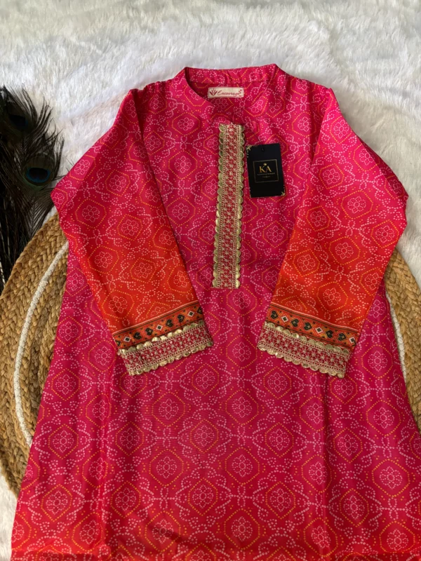 Pink & Orange Chinnon Kurta Set with Bandhani Design and Half-Collar Neck - Image 4