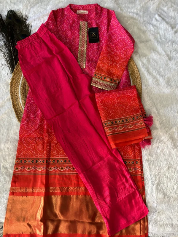 Pink & Orange Chinnon Kurta Set with Bandhani Design and Half-Collar Neck - Image 5