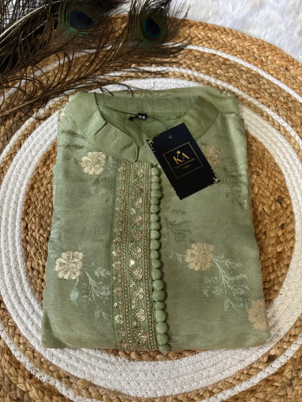 Pista Green Georgette Straight Kurta Set with Neck & Sleeve Work and Heavy Dupatta - Image 2