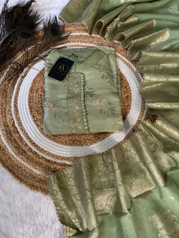 Pista Green Georgette Straight Kurta Set with Neck & Sleeve Work and Heavy Dupatta