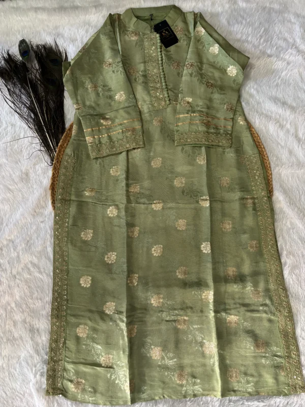 Pista Green Georgette Straight Kurta Set with Neck & Sleeve Work and Heavy Dupatta - Image 3