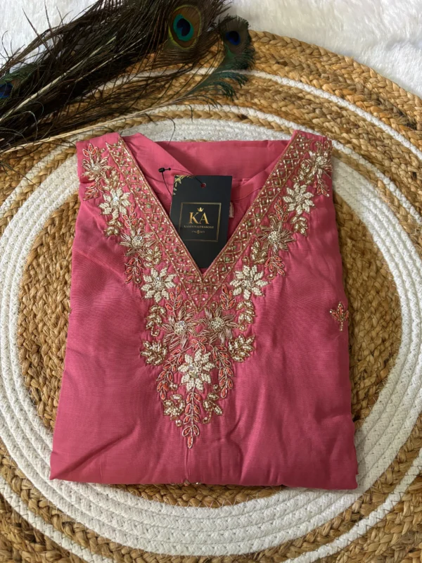 Onion Pink Modal Silk Kurta Set with Handwork V Neck and Jimmi Choo Dupatta - Image 2