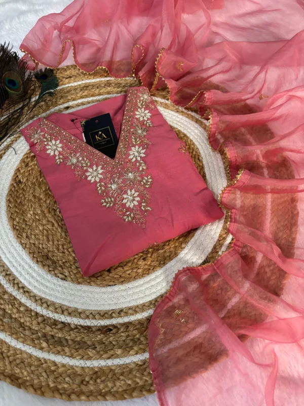 Onion Pink Modal Silk Kurta Set with Handwork V Neck and Jimmi Choo Dupatta