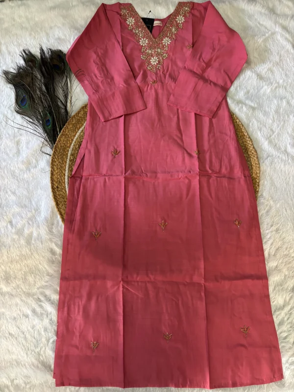 Onion Pink Modal Silk Kurta Set with Handwork V Neck and Jimmi Choo Dupatta - Image 4