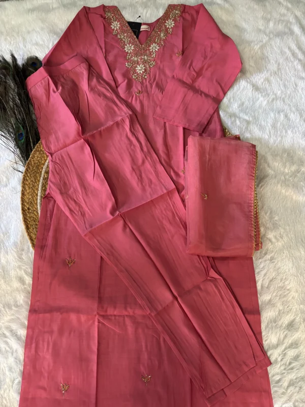 Onion Pink Modal Silk Kurta Set with Handwork V Neck and Jimmi Choo Dupatta - Image 5