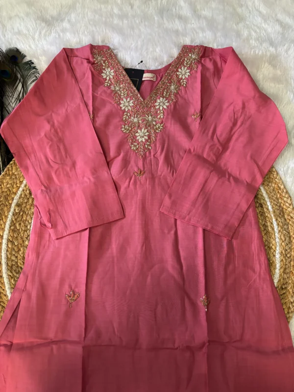 Onion Pink Modal Silk Kurta Set with Handwork V Neck and Jimmi Choo Dupatta - Image 3