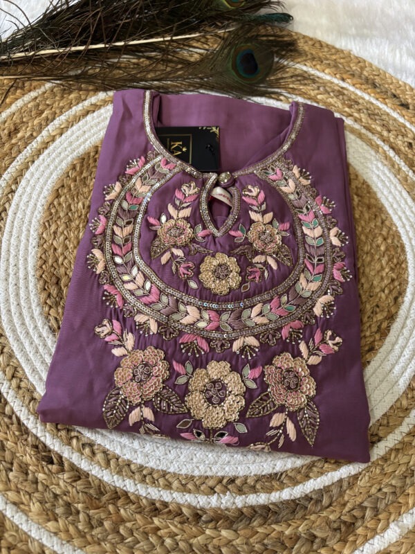 Light Lavender Dola Silk Kurta Set with Heavy Handwork and Jimmi Choo Dupatta - Image 2