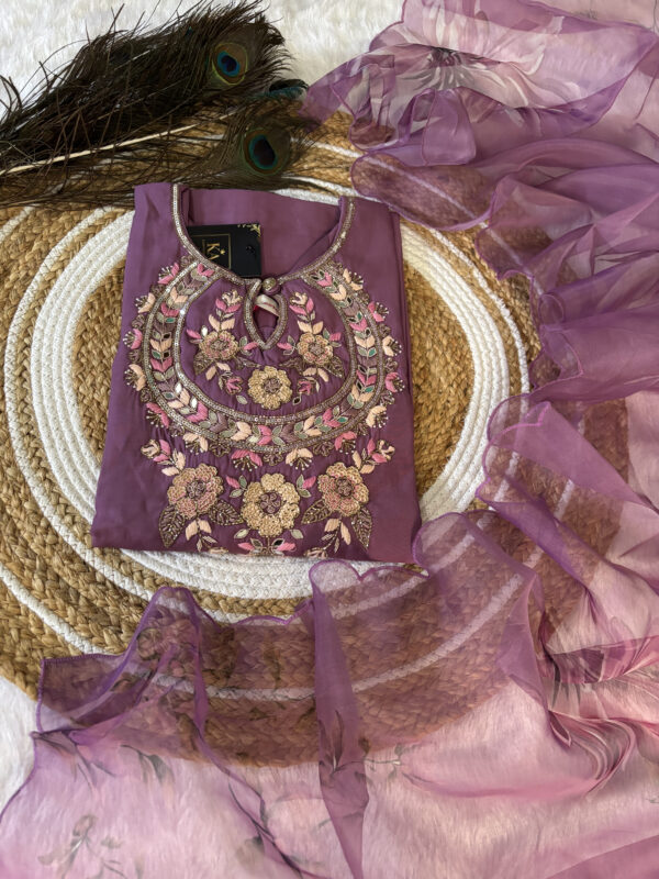 Light Lavender Dola Silk Kurta Set with Heavy Handwork and Jimmi Choo Dupatta