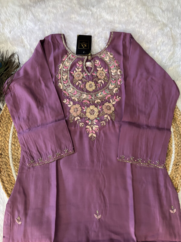 Light Lavender Dola Silk Kurta Set with Heavy Handwork and Jimmi Choo Dupatta - Image 3
