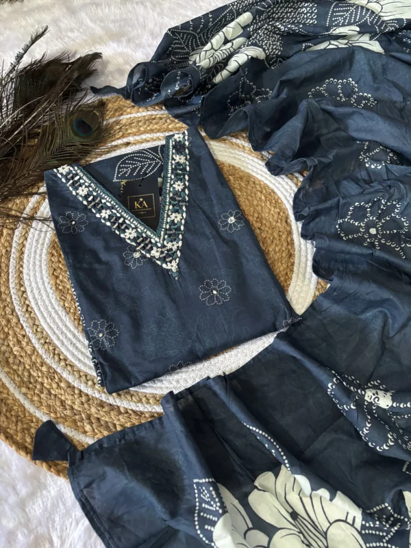 Peacock Blue Lightweight Linen Kurta Set with Wool & Glass Work