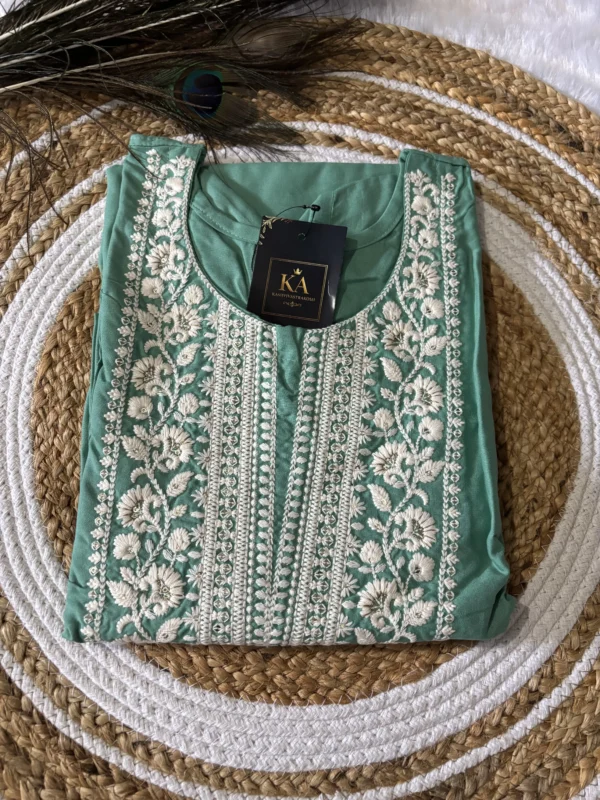 Sea Blue Cotton Straight Kurta Set with Thread Work and Chinnon Dupatta - Image 2