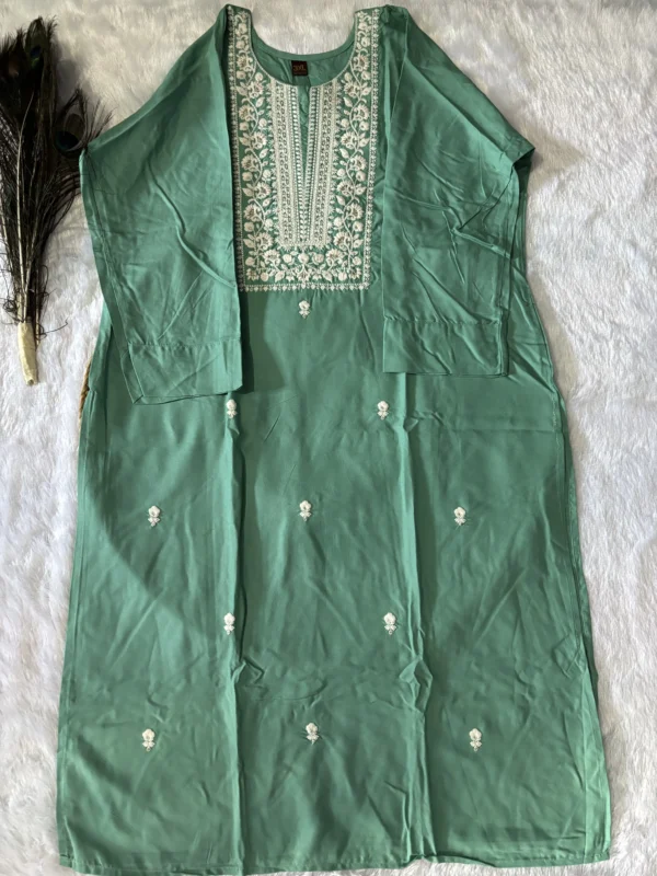 Sea Blue Cotton Straight Kurta Set with Thread Work and Chinnon Dupatta - Image 4