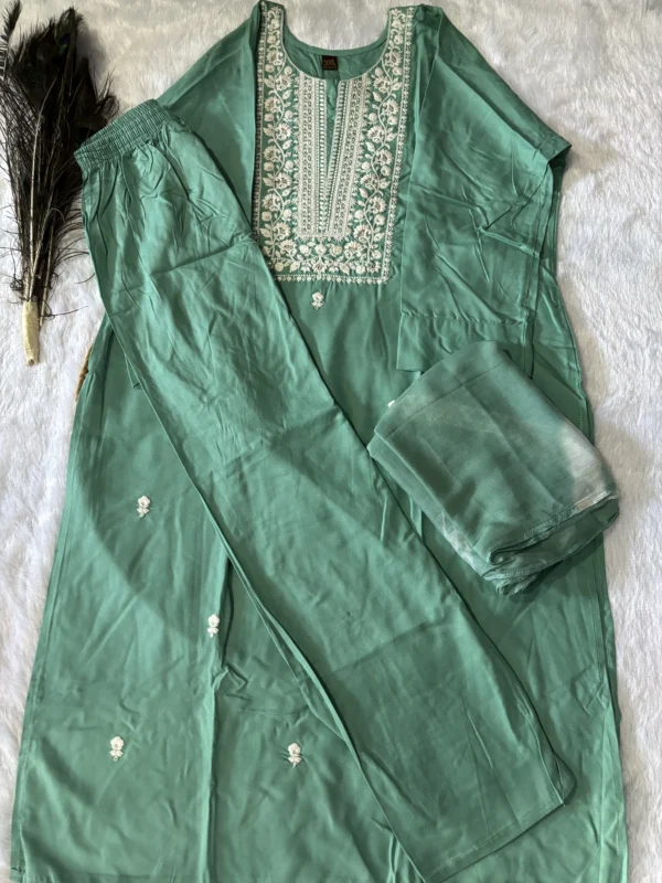 Sea Blue Cotton Straight Kurta Set with Thread Work and Chinnon Dupatta - Image 3