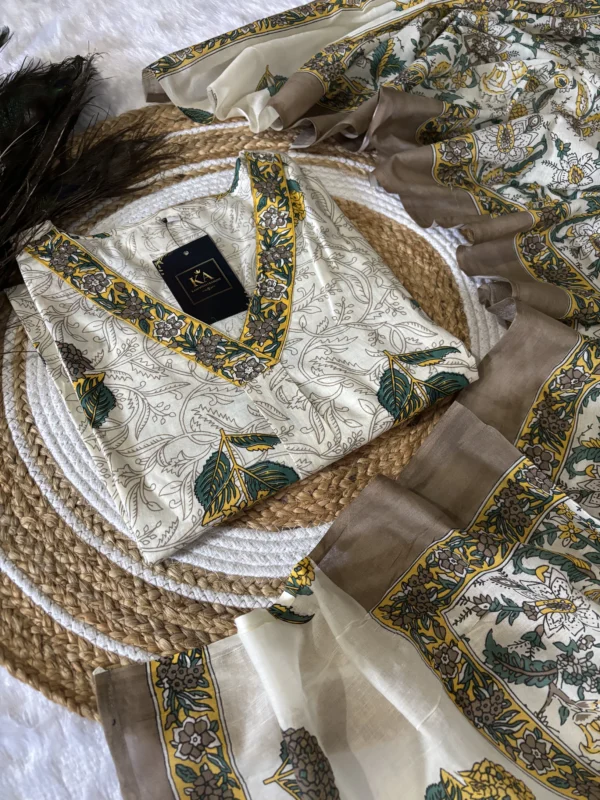 White Pure Cotton Block Print Kurta Set with Straight Pant and Dupatta