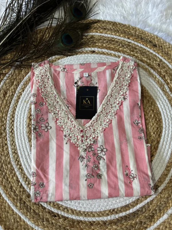 Pink Pure Cotton Straight Kurta Set with Handwork and Lace on V Neck - Image 2