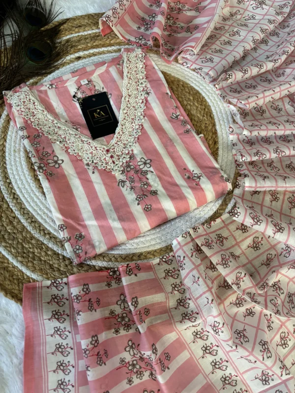 Pink Pure Cotton Straight Kurta Set with Handwork and Lace on V Neck