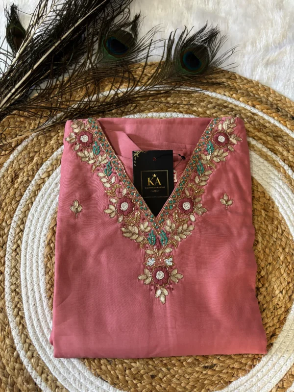 Pink Modal Silk Kurta Set with Handwork V Neck and Jimmi Choo Dupatta - Image 2