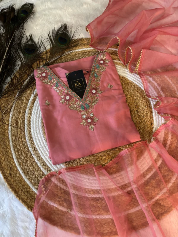 Pink Modal Silk Kurta Set with Handwork V Neck and Jimmi Choo Dupatta