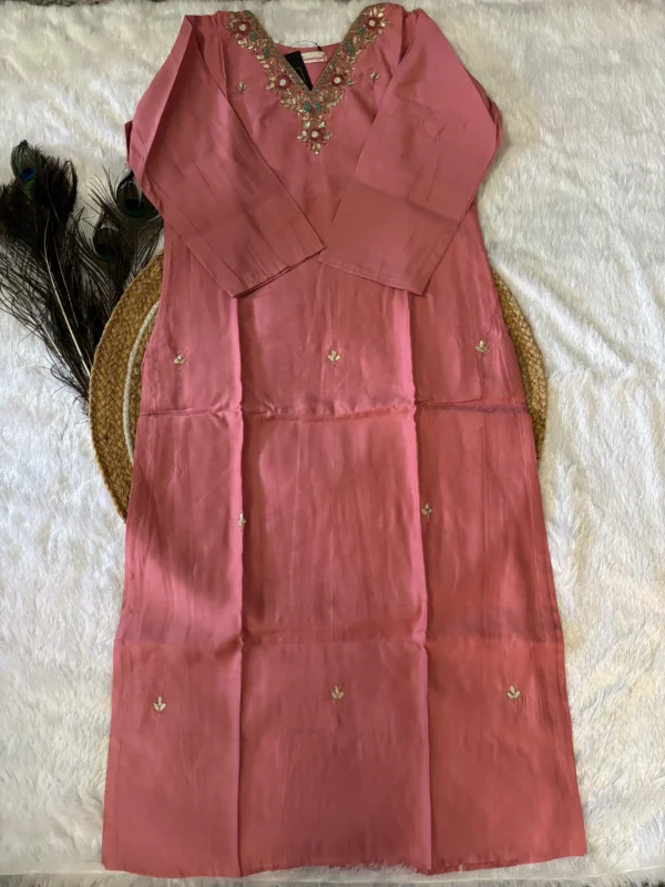 Pink Modal Silk Kurta Set with Handwork V Neck and Jimmi Choo Dupatta - Image 4
