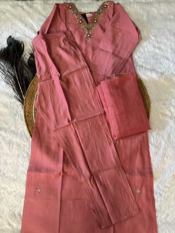 Pink Modal Silk Kurta Set with Handwork V Neck and Jimmi Choo Dupatta - Image 5