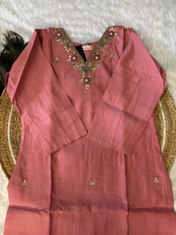 Pink Modal Silk Kurta Set with Handwork V Neck and Jimmi Choo Dupatta - Image 3