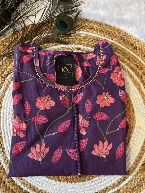 Purple Pure Cotton Umbrella Kurta Set with Bead Work and Dupatta - Image 2