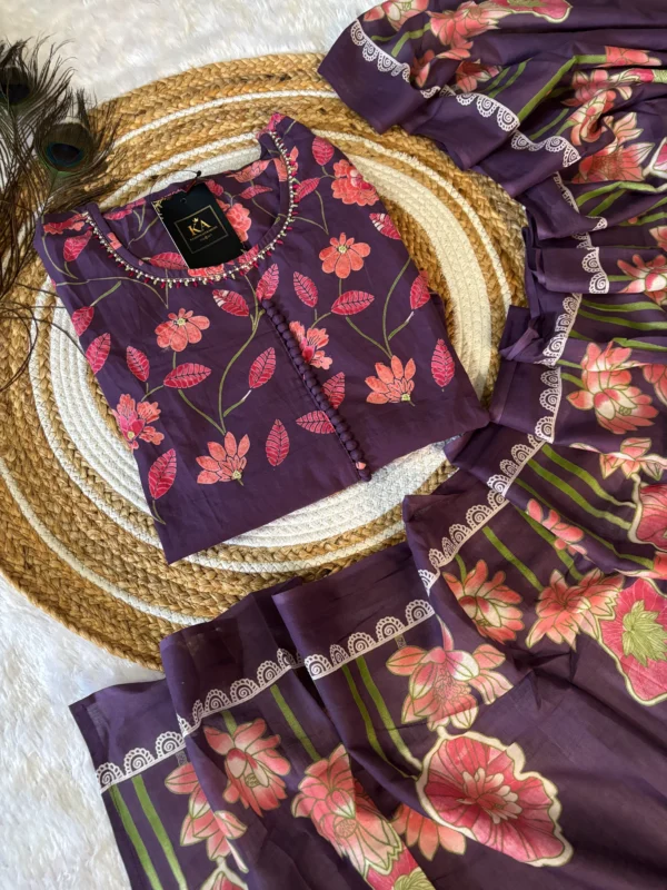 Purple Pure Cotton Umbrella Kurta Set with Bead Work and Dupatta