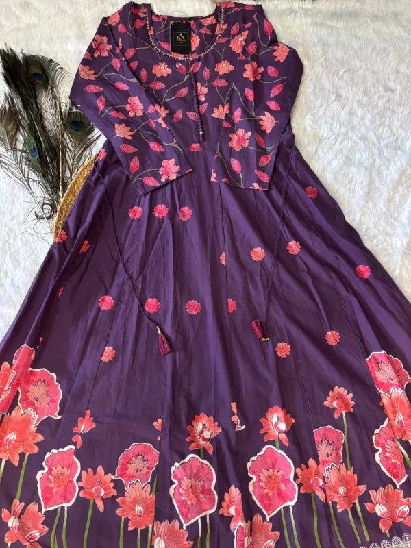 Purple Pure Cotton Umbrella Kurta Set with Bead Work and Dupatta - Image 3