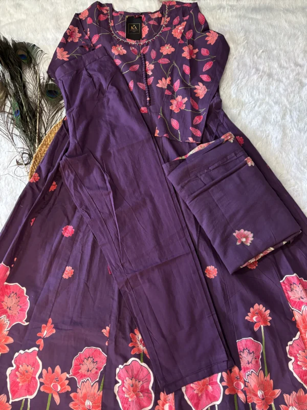 Purple Pure Cotton Umbrella Kurta Set with Bead Work and Dupatta - Image 5