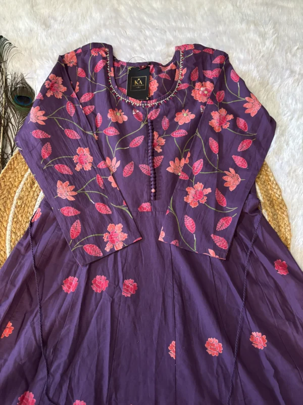 Purple Pure Cotton Umbrella Kurta Set with Bead Work and Dupatta - Image 4
