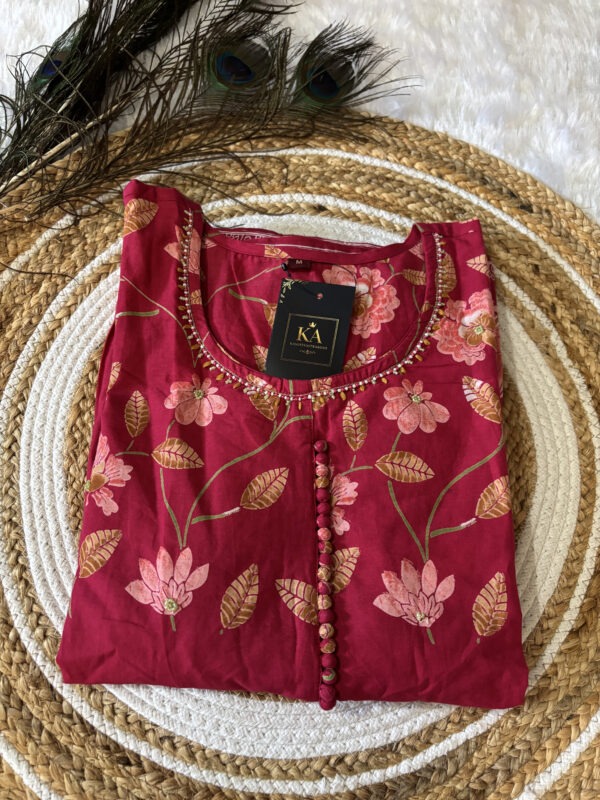 Pink Pure Cotton Umbrella Kurta Set with Bead Work and Dupatta - Image 2