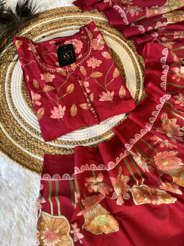 Pink Pure Cotton Umbrella Kurta Set with Bead Work and Dupatta