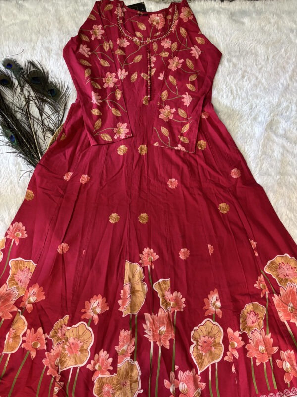 Pink Pure Cotton Umbrella Kurta Set with Bead Work and Dupatta - Image 3