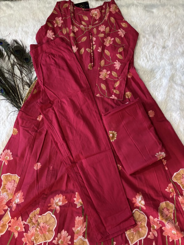 Pink Pure Cotton Umbrella Kurta Set with Bead Work and Dupatta - Image 5