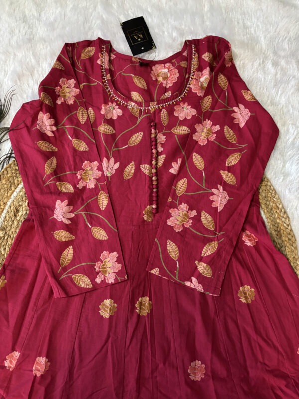 Pink Pure Cotton Umbrella Kurta Set with Bead Work and Dupatta - Image 4