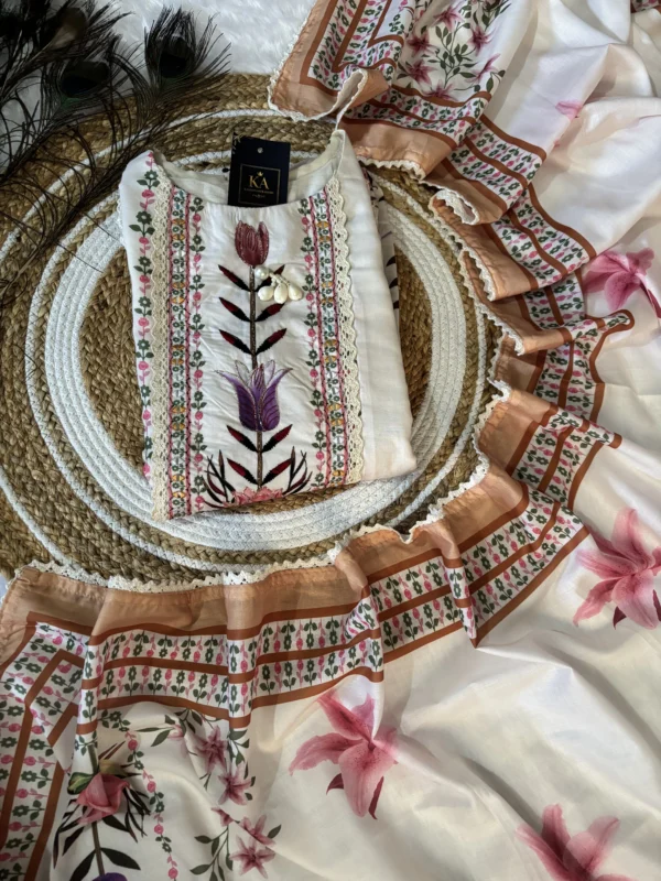 Cream Cotton Umbrella Kurta Set with Thread Work Neck and Brush Paint Detailing