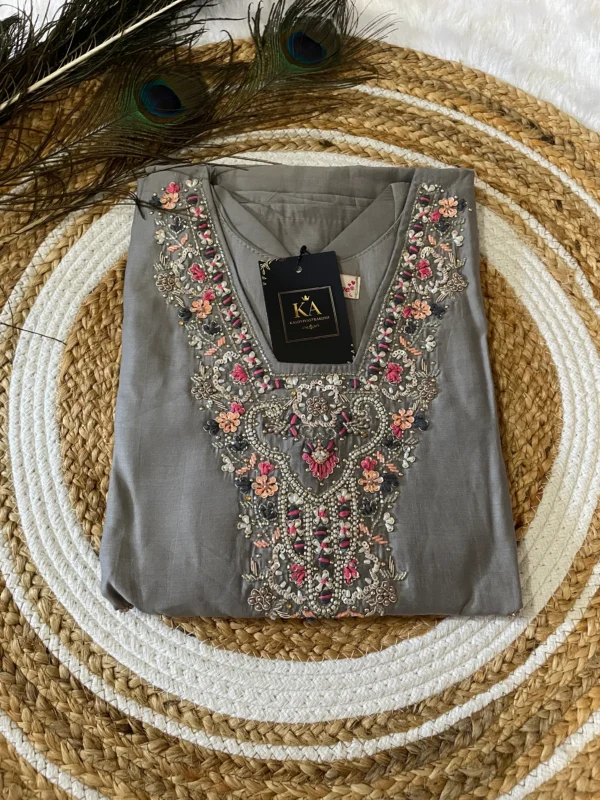 Grey Modal Silk Kurta Set with Handwork V Neck and Jimmi Chinon Dupatta - Image 5